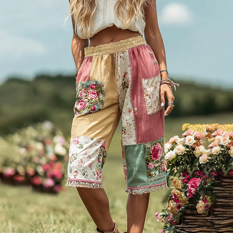 Women's Patchwork Floral Contrast Waist Elastic Shorts