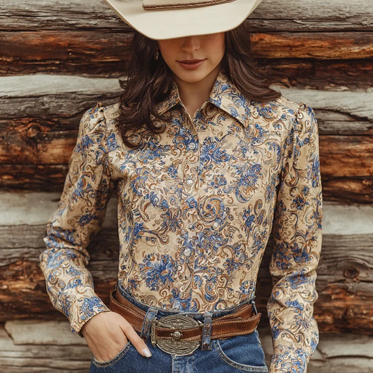 Women's Vintage Western Floral Design Cotton And Linen Blend Shirt