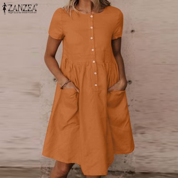 Summer Women Sundress Cotton Round Neck Loose Plain Plus Size Holiday Short Shirt Dress - Life is Beautiful for You - SheChoic