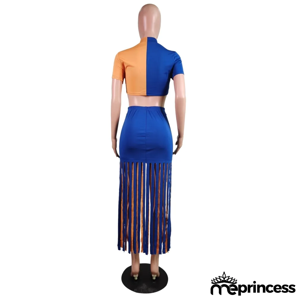 Summer Contrast Sexy Crop Top and Tassels Skirt Set