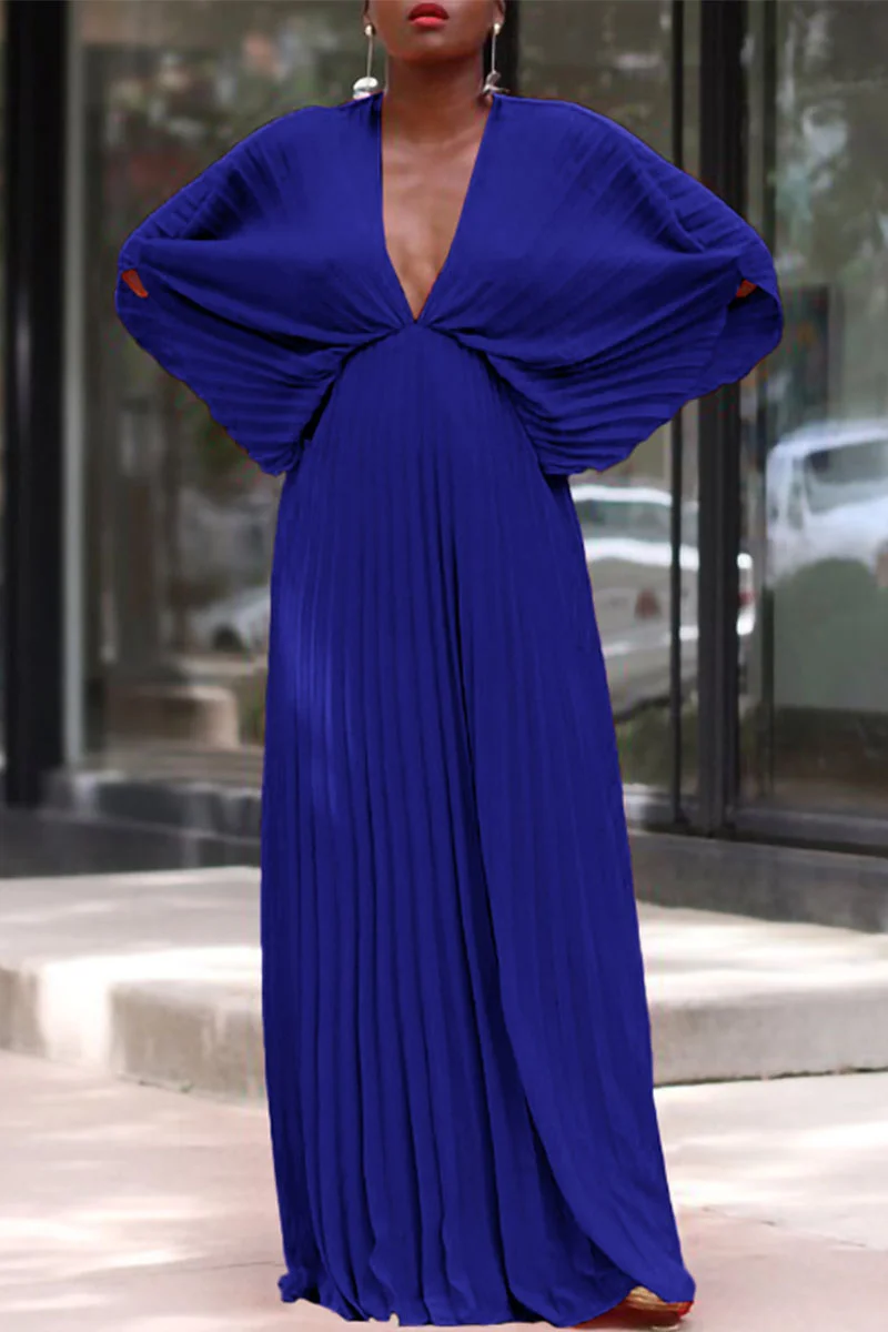 Deep Blue Elegant Solid Patchwork Fold V Neck Pleated Dresses