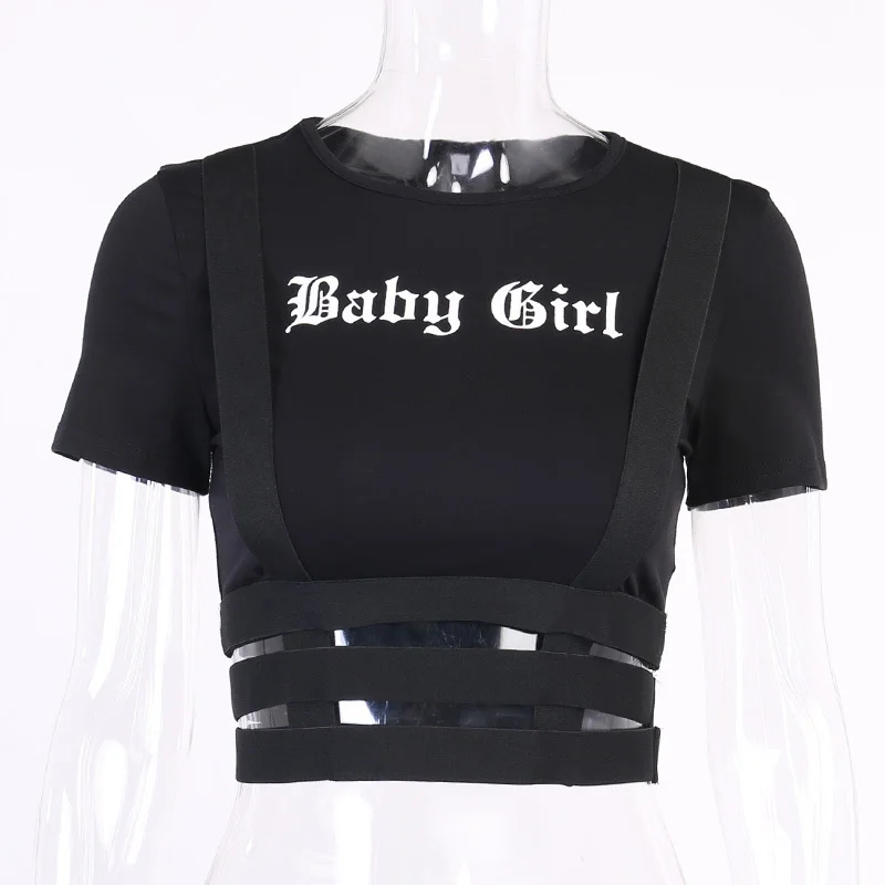 Uveng Uveng Sexy Slim Short Sleeve Letter Print T-Shirt Irregular Hollow Out Crop Bottom Top