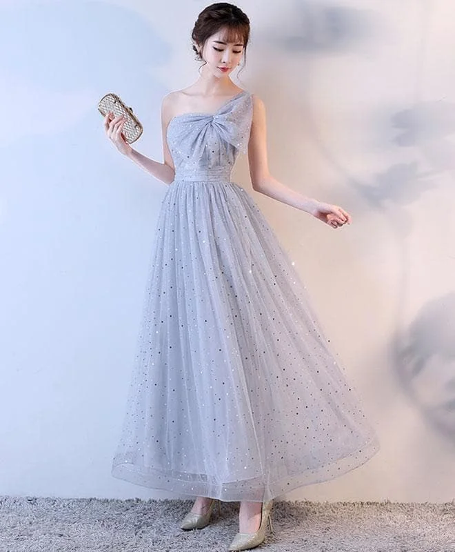 Cute Gray One Shoulder Long Prom Dress