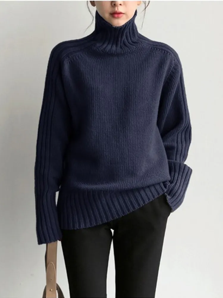 Fashion Tops Women Autumn Winter New Long Sleeve High Collar Knitted Sweater Loose