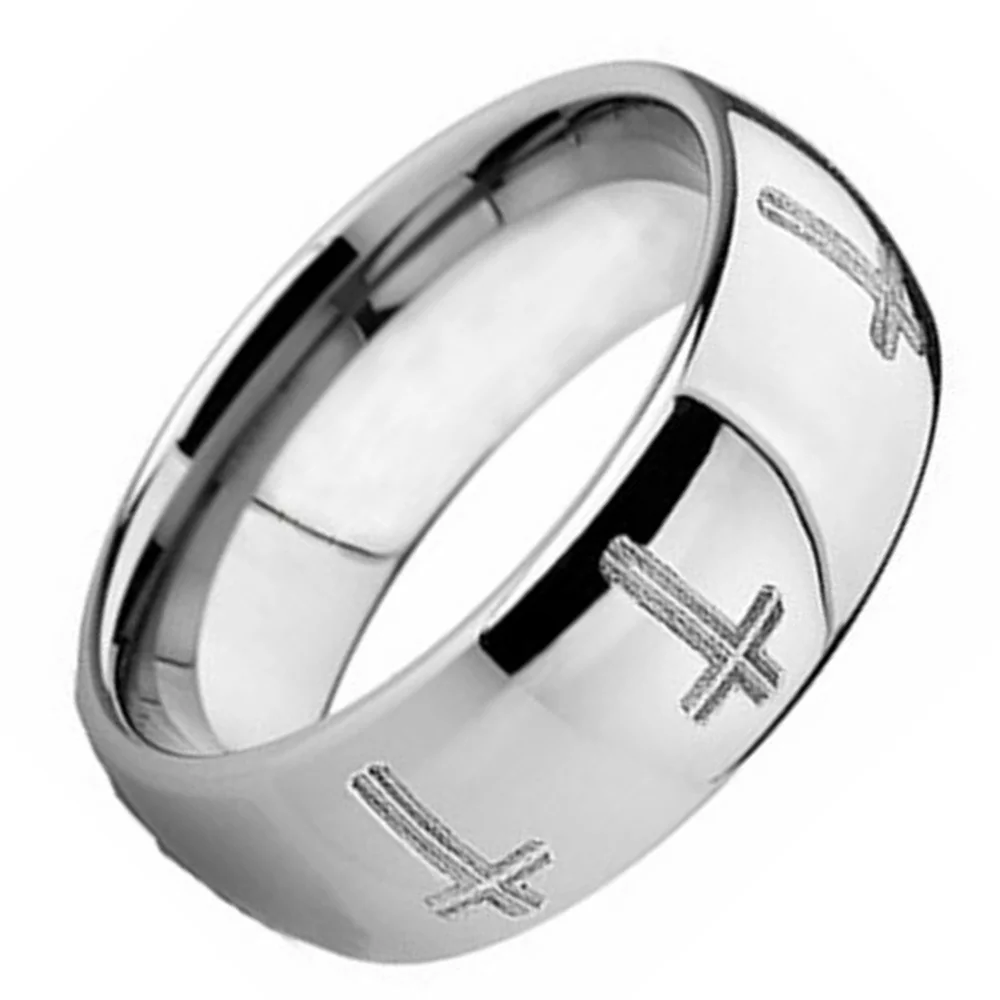 6MM 8MM Silver Mens Cross Religion Dome Tungsten Wedding Bands