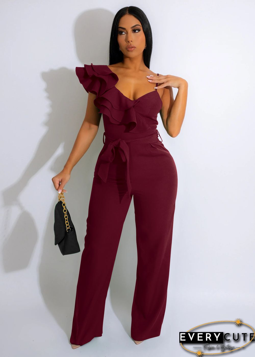 Fashion Ruffled Sleeveless Waist Deep V Loose Jumpsuit