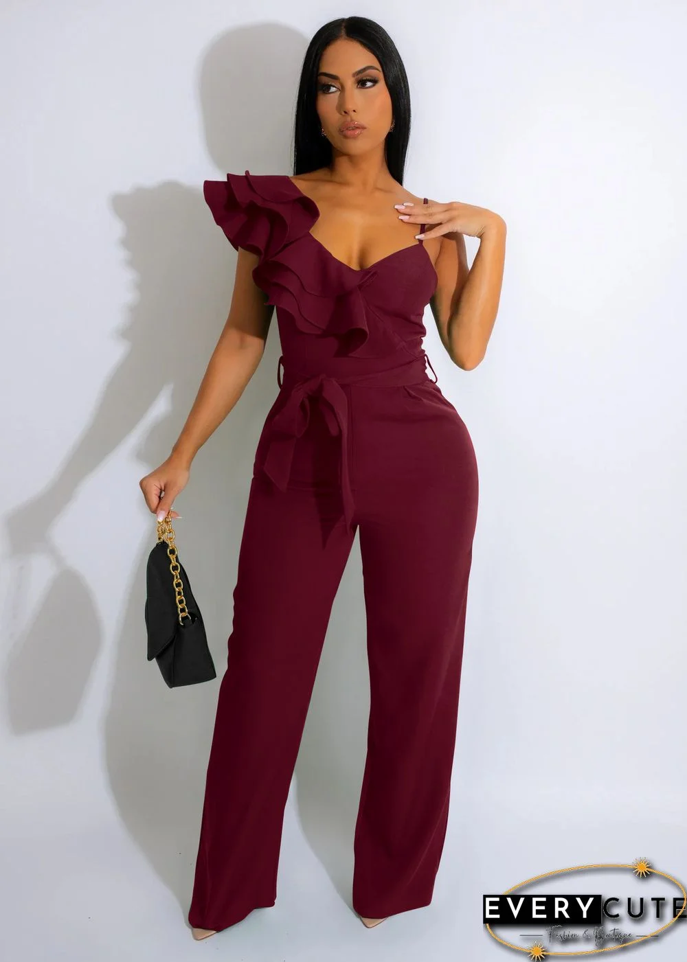 Fashion Ruffled Sleeveless Waist Deep V Loose Jumpsuit
