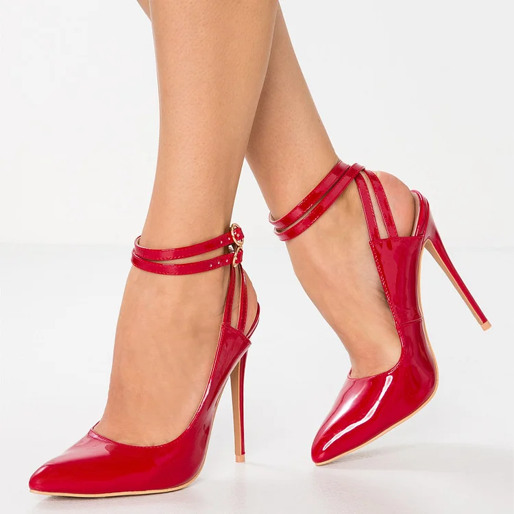Red Patent Leather Closed Toe Ankle Strap Heels Slingback Pumps |FSJ Shoes
