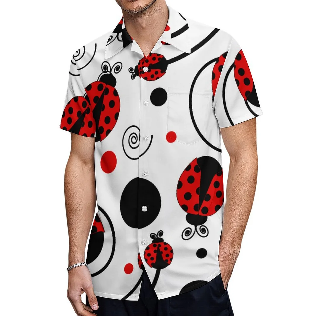 Short Sleeve Red Ladybugs Polka Dots Swirls Hawaiian Shirt Mens Button Down Plus Size Tropical Hawaii Beach Shirts