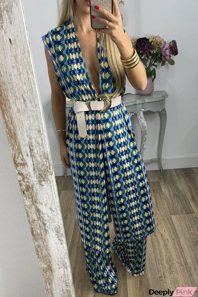 Casual Geometric With Belt Printing V Neck Sleeveless Two Pieces