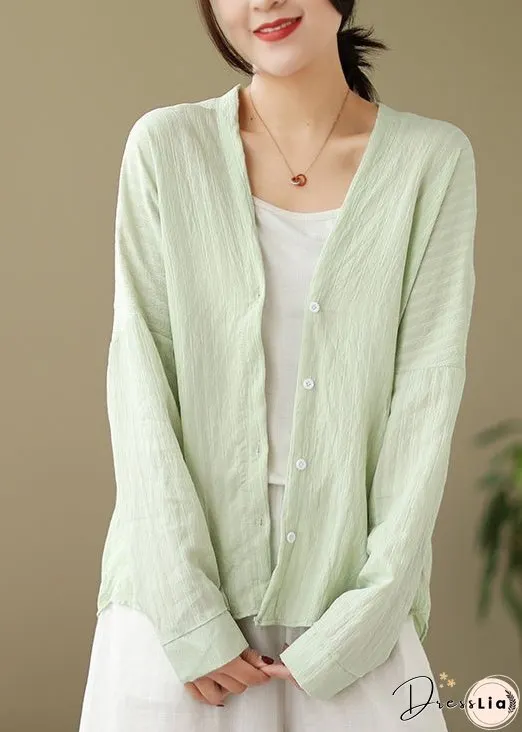 Green Button Patchwork Cotton Coat Outwear V Neck Fall