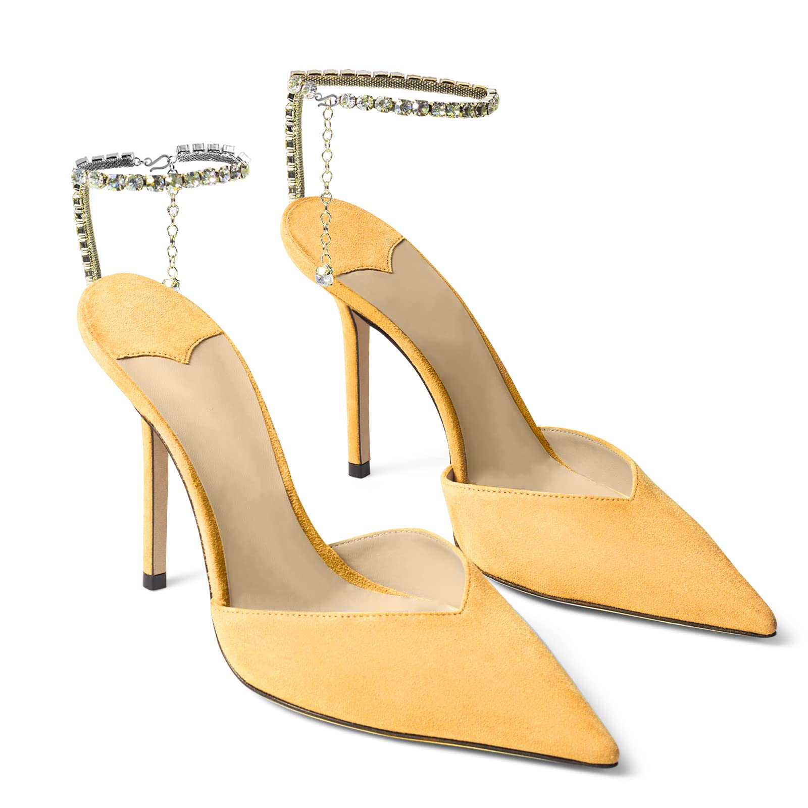 100mm Women's Sandals Crystal Chain Rhinestone Embellished Strap Suede Pumps Pointy Stilettos Backless Shoes-vocosishoes