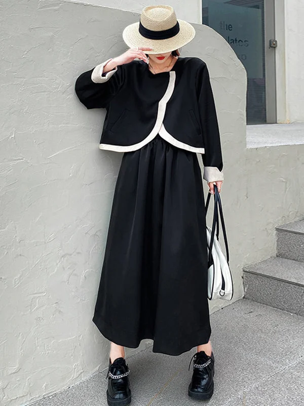 4.13Fashion Contrast Color Split-Joint Outerwear+A-Line Skirt Two Pieces Set