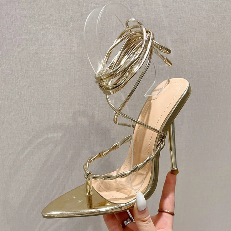 Summer 2022 Womens Fashion Strappy Heels Gladiator Sandals Sexy Pointed Toe Narrow Band Stiletto Lace-Up Party Wedding Shoes Red