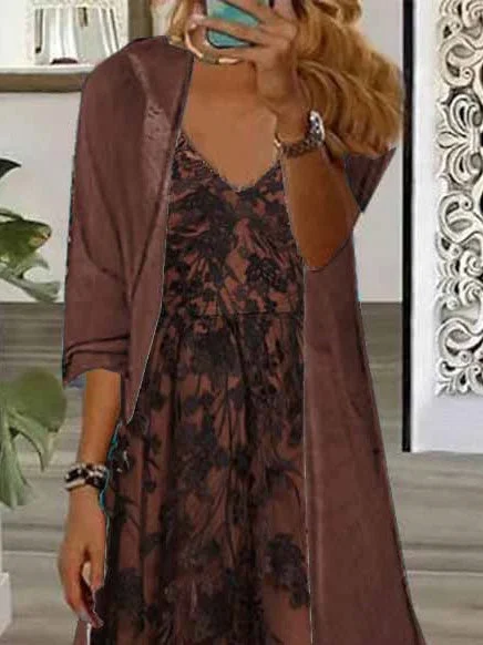 Women's Long Sleeve V-neck Floral Printed Two Pieces Maxi Dress