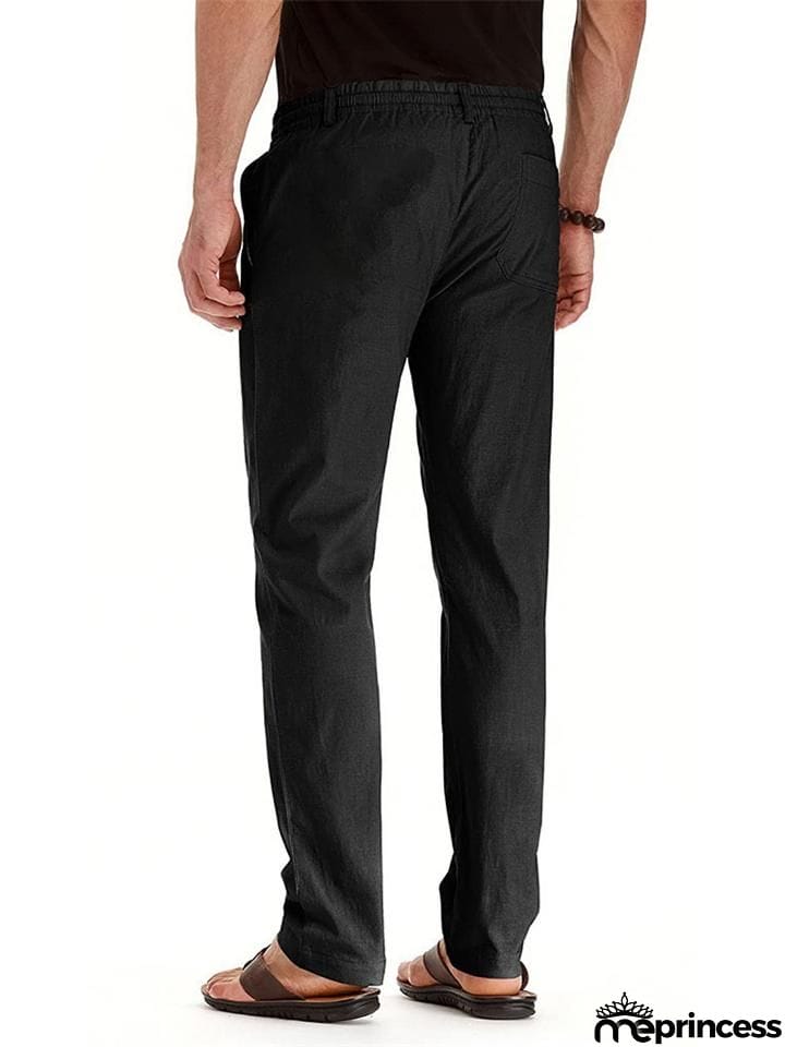 Men's Elastic Drawstring Waistband Casual Straight Cotton Pants