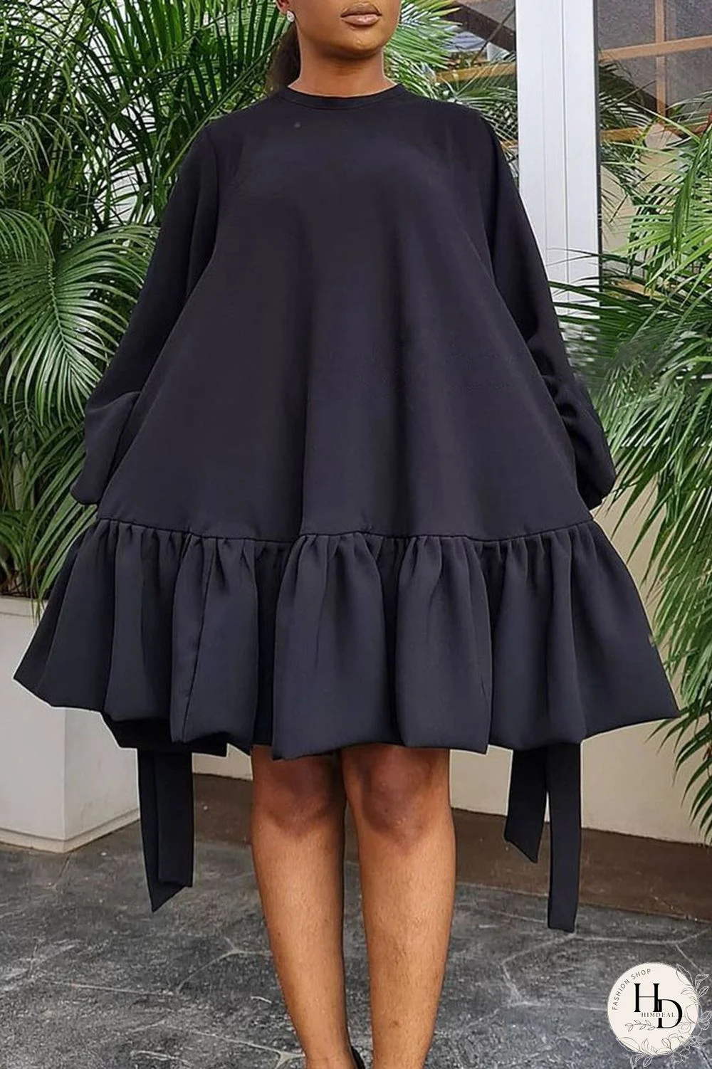 Black Casual Sweet Solid Split Joint Flounce Fold O Neck A Line Dresses