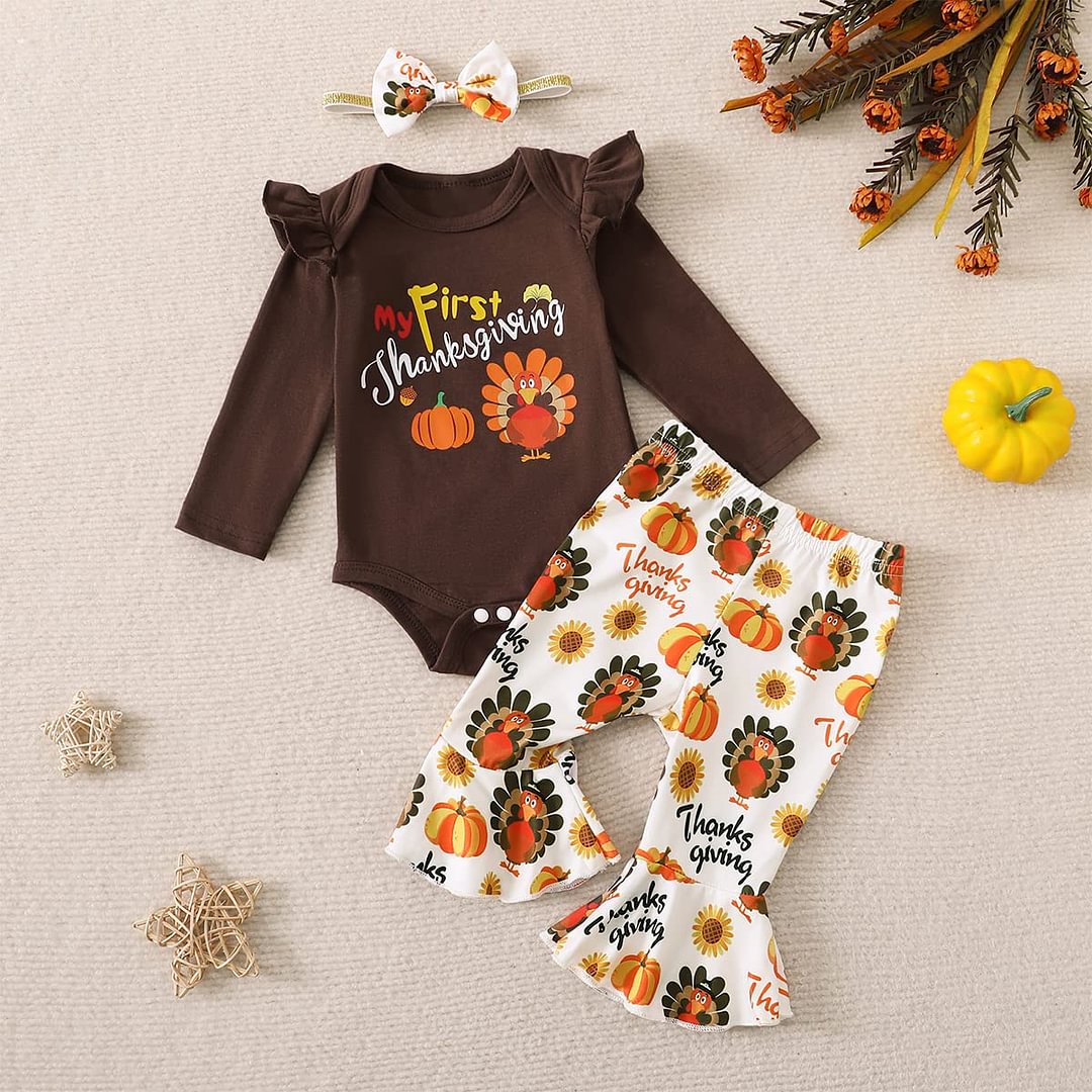 3PCS My First Thanksgiving Letter Turkey Printed Baby Set