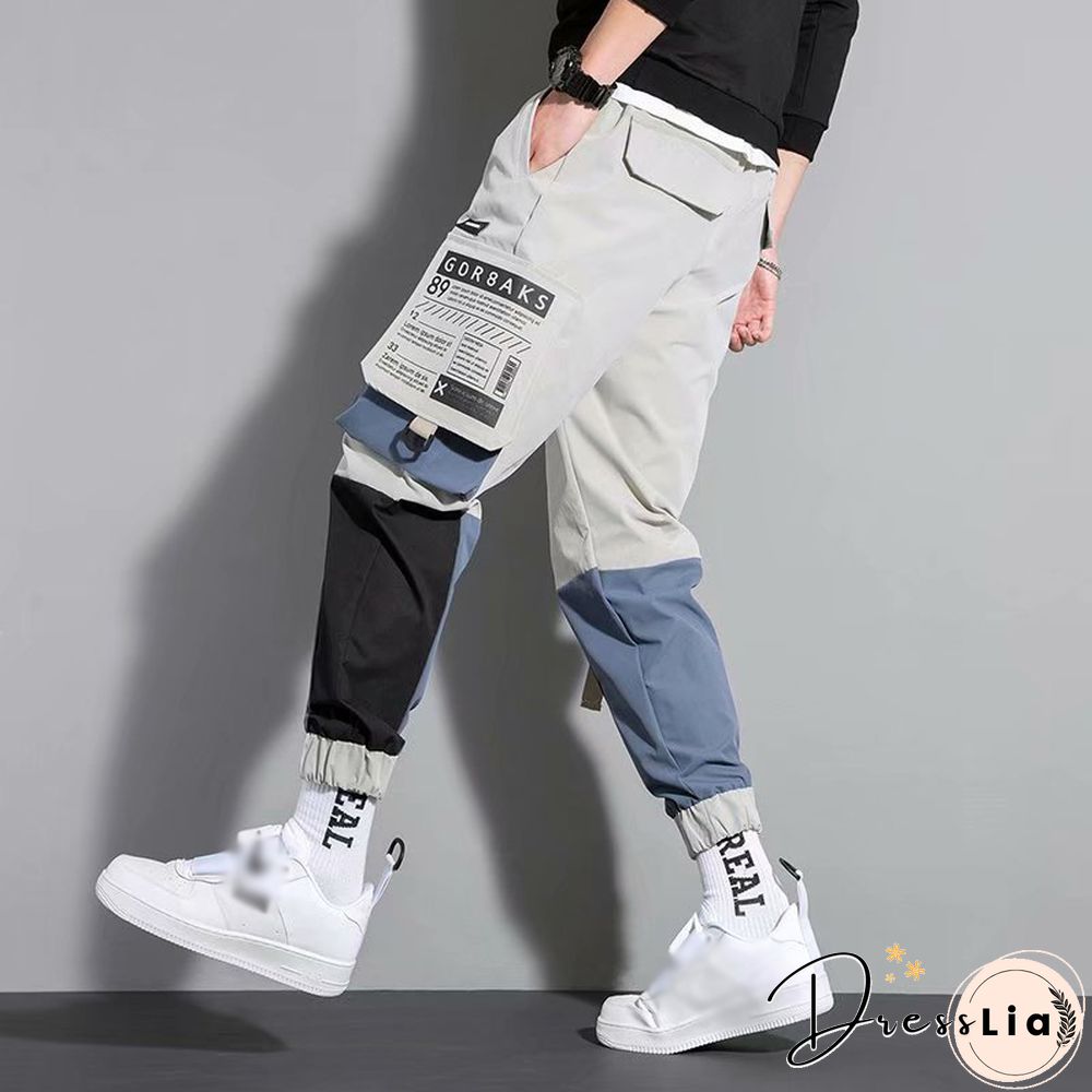 Contrasting Color Casual Functional Pants