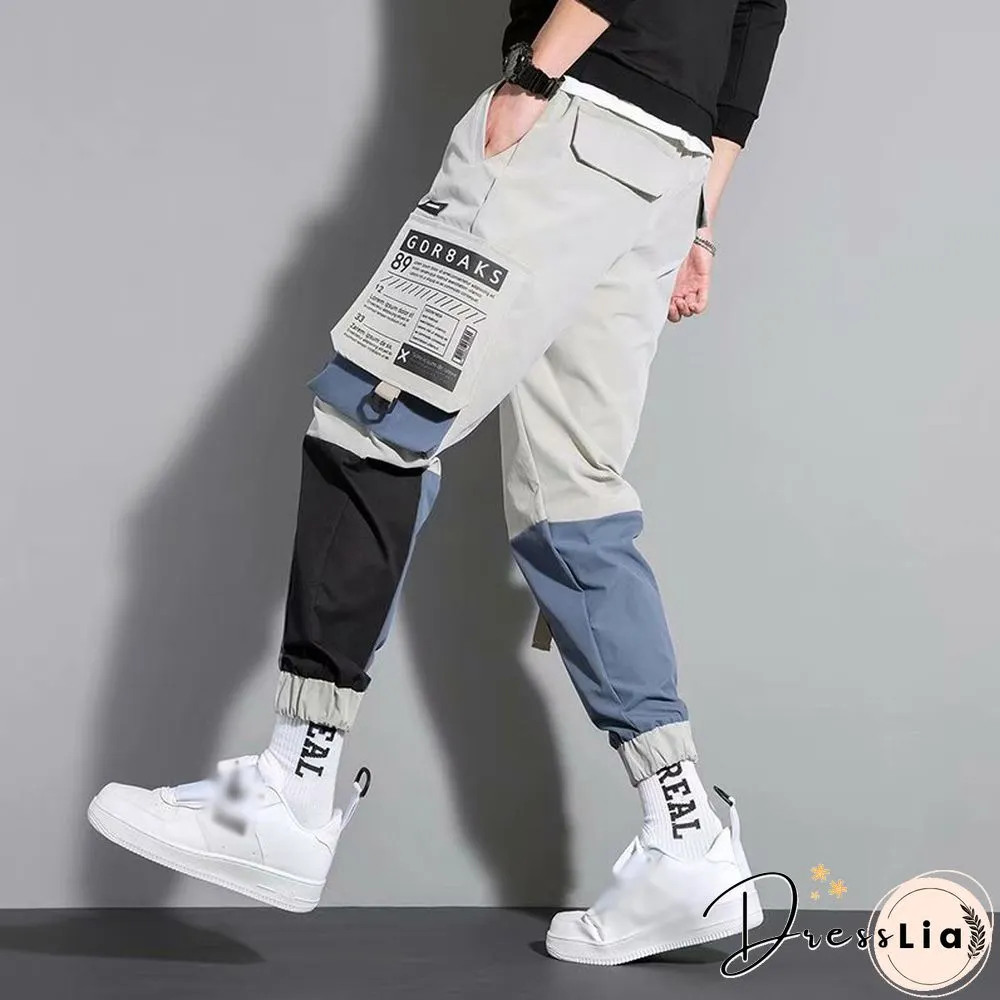Contrasting Color Casual Functional Pants