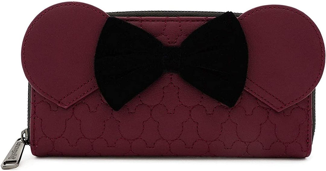 Mouse Quilted Zip-Around Wallet with Velvet Bow (Maroon 8" x 4" x 1")