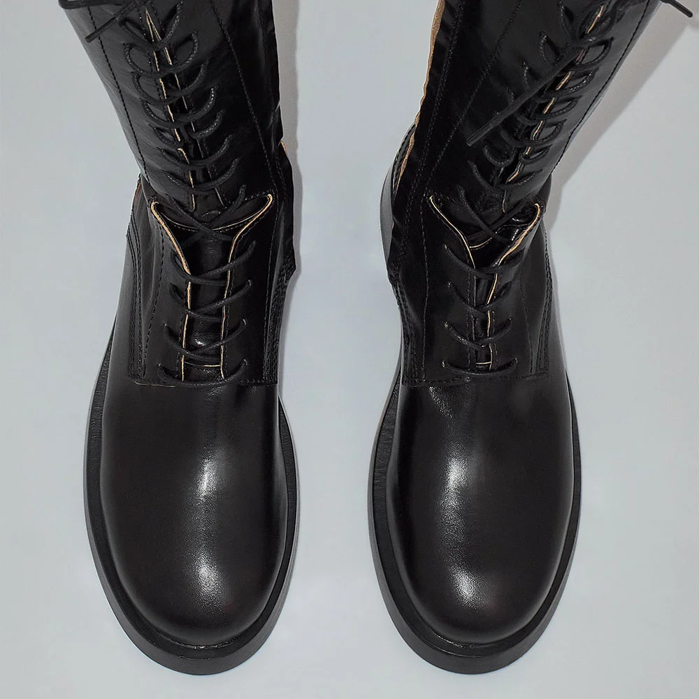 Women's Black Round Toe Block Low Heel Mid Calf Lace Up Boots with Zip