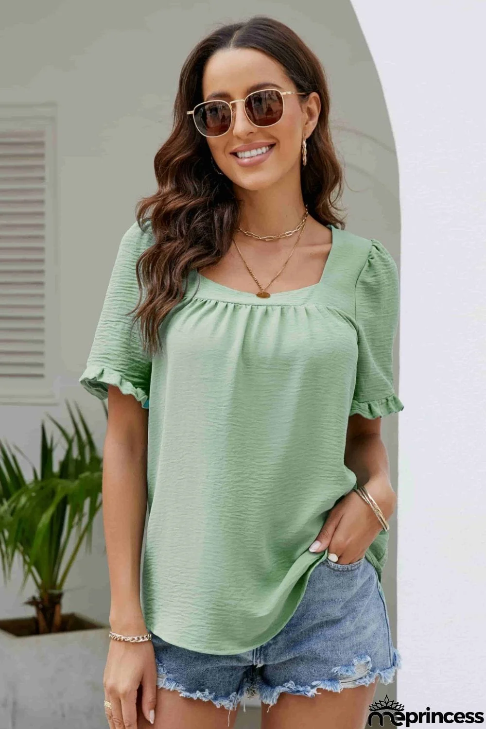 Frill Trim Puff Sleeve Square Neck Blouse