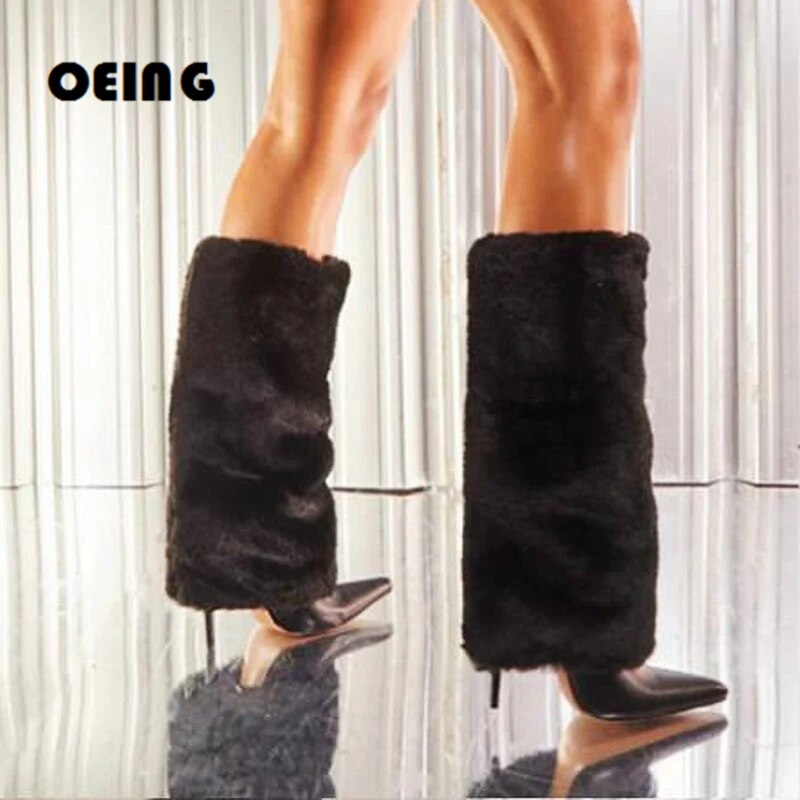 VCSHOES Women Fluffy Knee-high Boots Pointed Toe Stiletto High Heels Keep Warm Fur Boots  Botas De Mujer Big 43