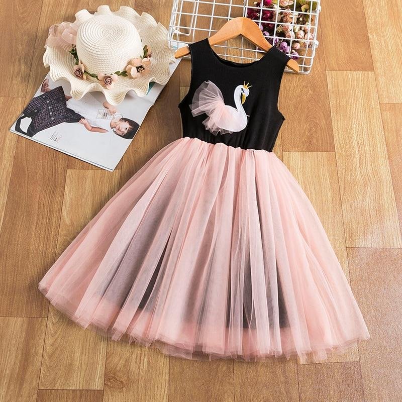 Girls Tulle Princess Dress For Kids Swan Embroidery Pattern Sleeveless Mesh Tutu Party Ball Gown Children Cute Cartoon Clothes
