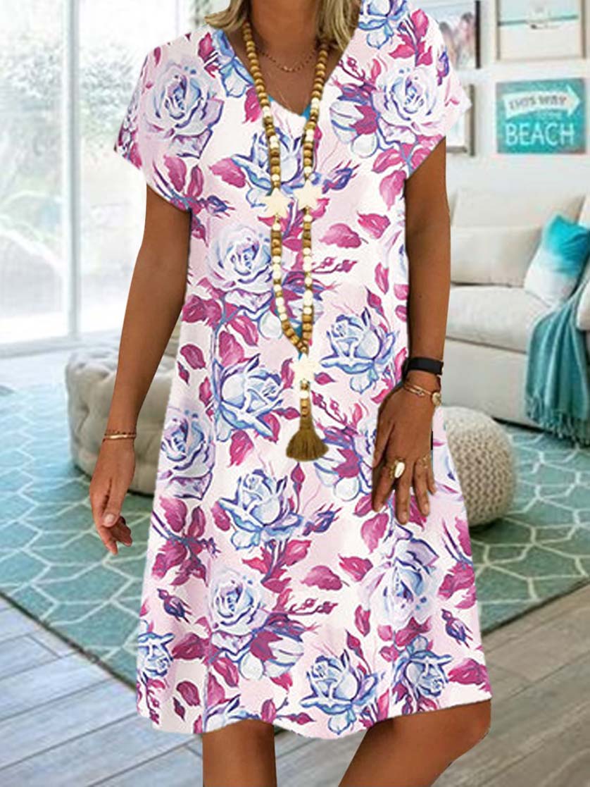 Women Half Sleeve V-neck Solid Color Dress