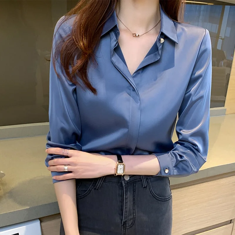 Office Lady Solid Silk Shirt Blouse Tops Long Sleeve Shirts Blouses for Women Silk Shirts Women Satin Clothing Plus Size 17276
