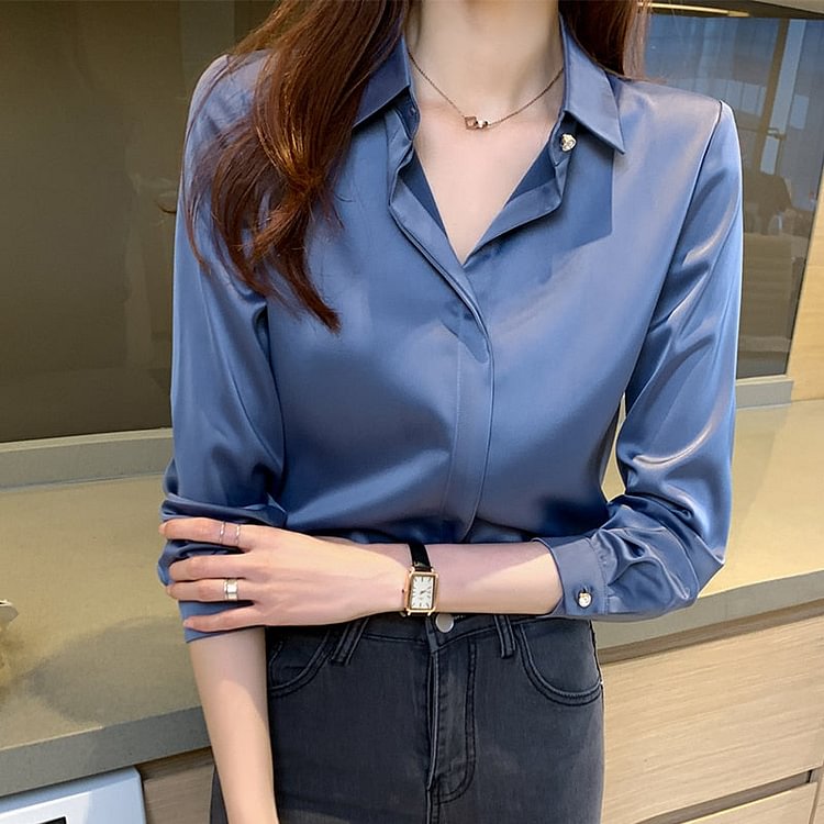 Office Lady Solid Silk Shirt Blouse Tops Long Sleeve Shirts Blouses for Women Silk Shirts Women Satin Clothing Plus Size 17276