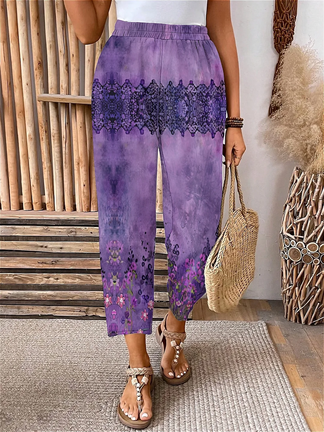 Plus Size Elastic Waist Purple,Floral,Bohemian Printed Pants