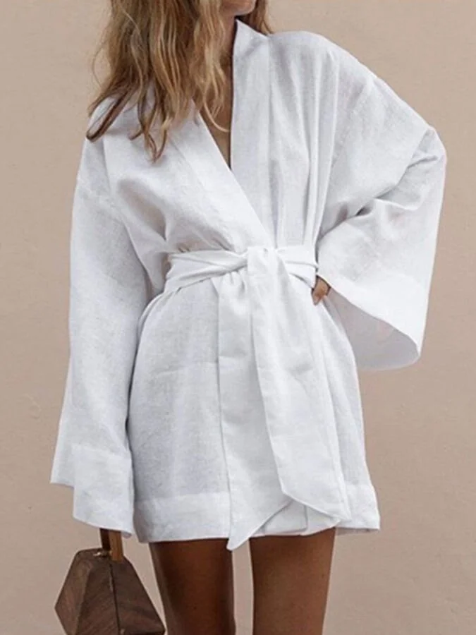 Solid Color Loose Cotton Linen Medium Length Shirt Skirt