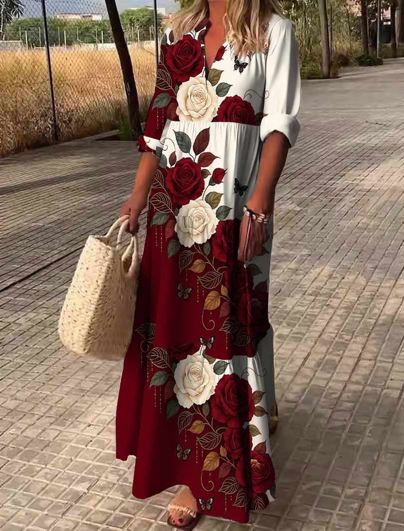 Women Floral,Burgundy,Pink DZDN0794 SPU Printed Long Sleeve V-neck Maxi Dress