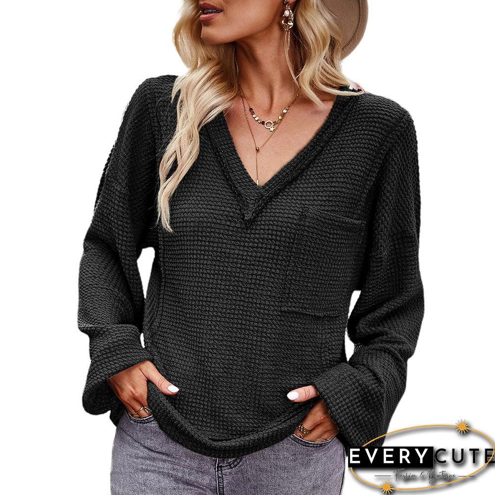 Black V Neck Waffle Pocket Long Sleeve Tops