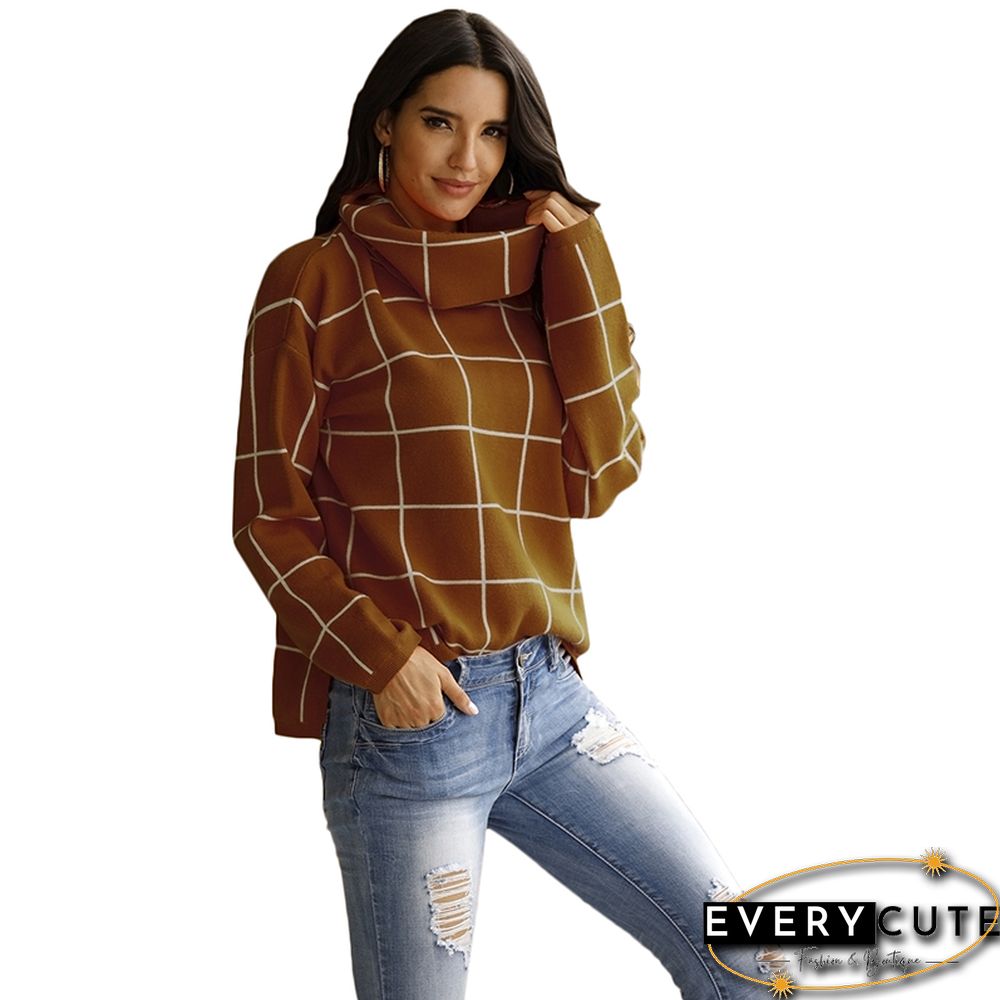 Rust Red Plaid Print Turndown Collar Pullover
