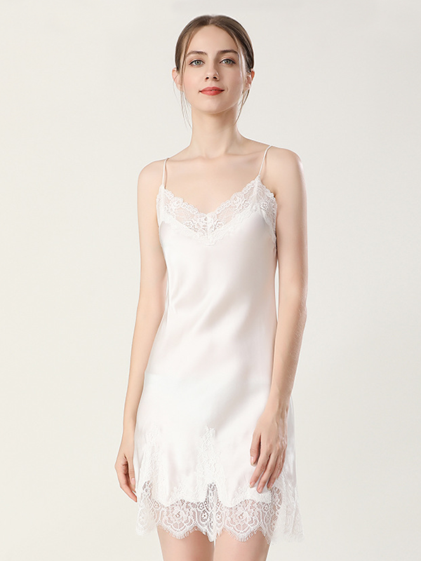 Classic Silk Nightgown With Lace Trim White
