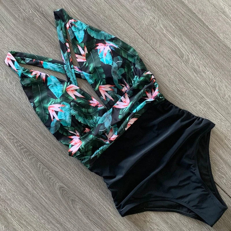 2022 New Sexy One Piece Swimsuit Female Floral Women Swimwear Push Up Bathing Suits Bodysuits Beach wear Deep V-neck Monokini