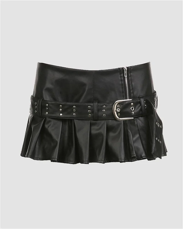 PU Rivet Waist Buckle Decorative A-Line Skirt