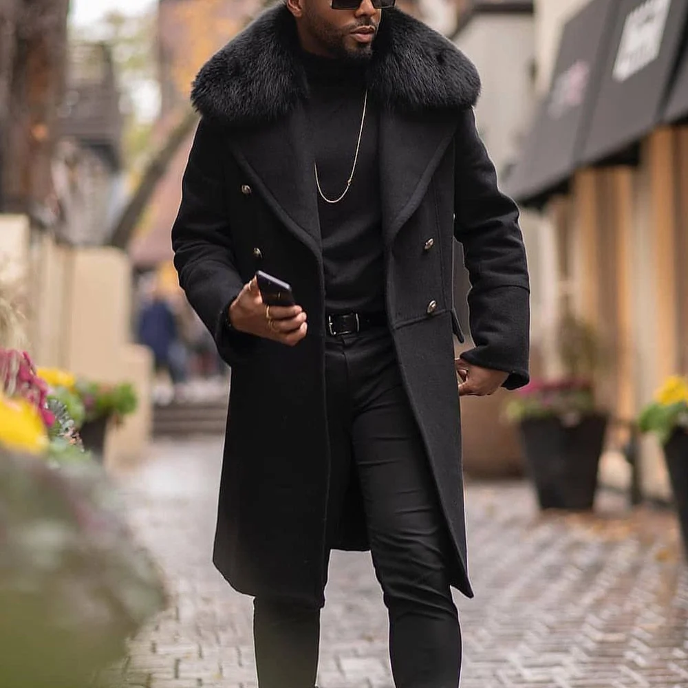 Inongge Fashion Men Coats New Autumn Winter British Large Size Streetwear Overcoat Fur Collar Coat Male Woolen Coat Outwear Cardigan