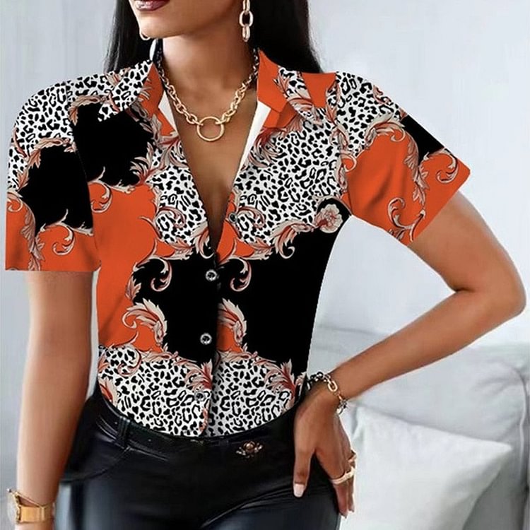2022 New Summer Vintage Short Sleeve Blouse Women Button Shirt Fashion 25 Styles Striped Floral Leopard Print Tops Clothes 20013