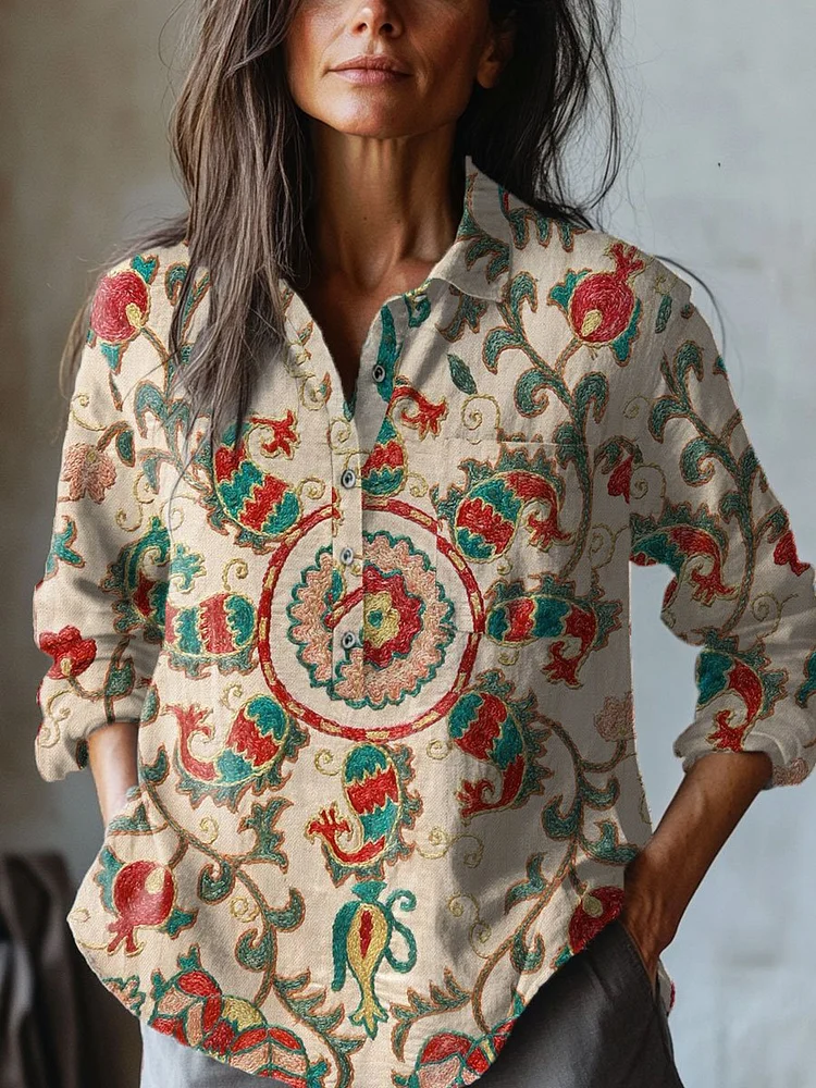 Women's   Floral  Art Print Casual Cotton And Linen Shirt
