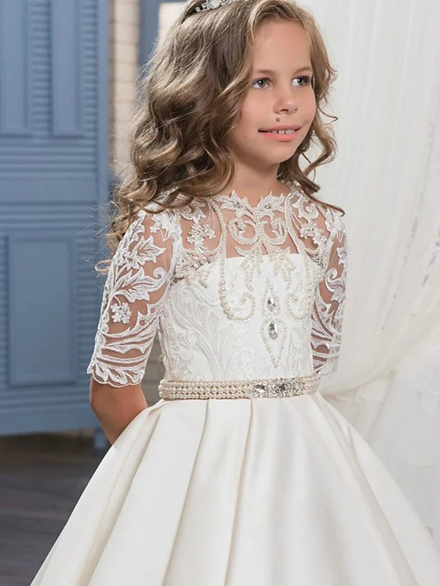 Daisda Ball Gown Half Sleeve Jewel Neck Flower Girl Dresses Matte Satin With Embroidery Bandage