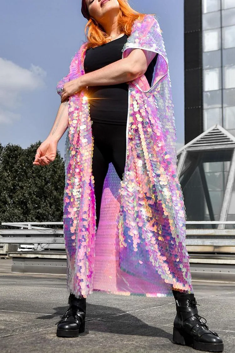 Ciciful Iridescent Sequin Half Sleeves Festival Disco Loose Kimono