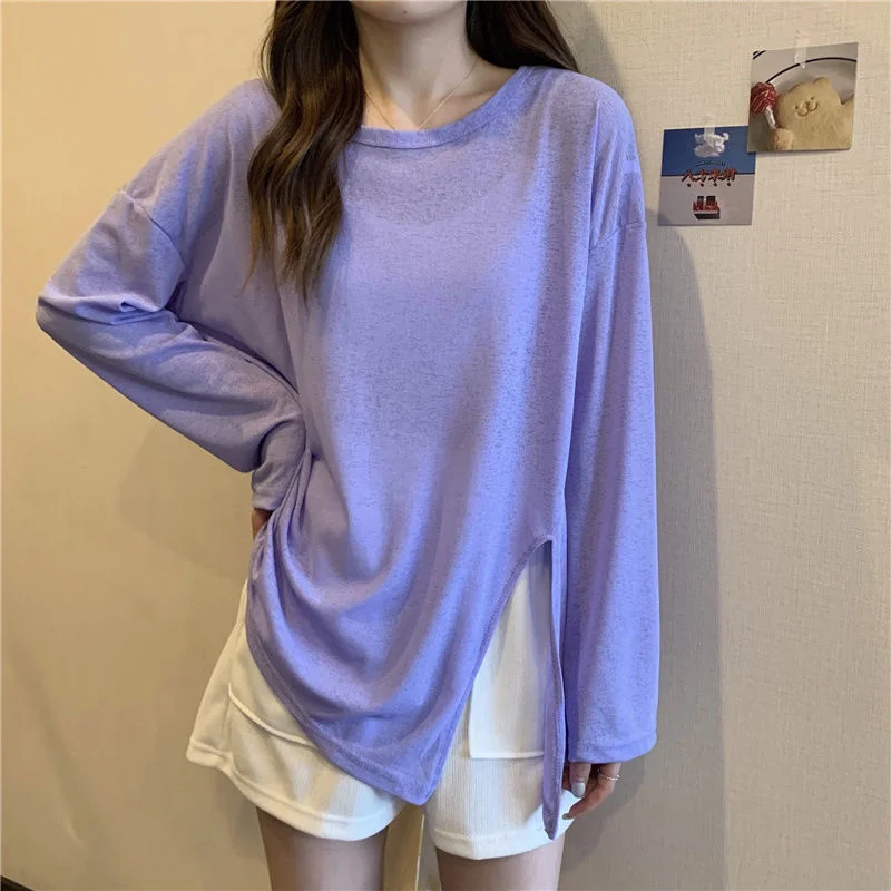 Uveng Uveng Fork Sunscreen Long-Sleeved T-Shirt For Women 2023 New Solid-Color Top Loose Air-Conditioning Hooded Summer Bottoming Shirt