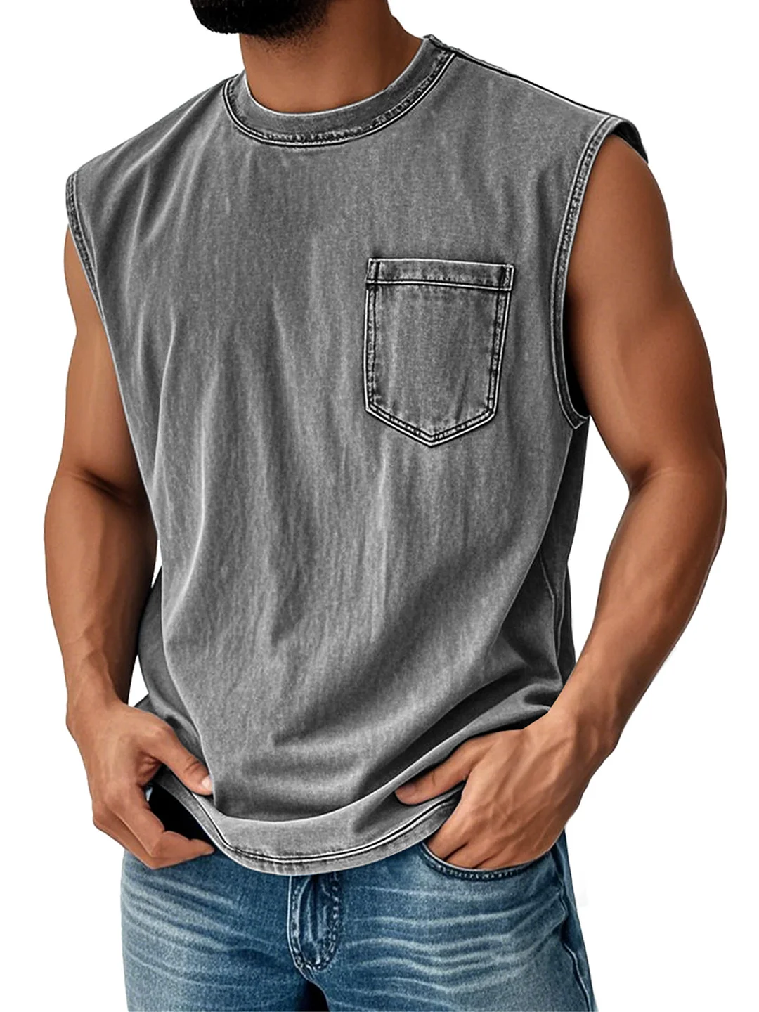 Men's Vintage Distressed Casual Round Neck Pocket Solid Color Sleeveless Vest