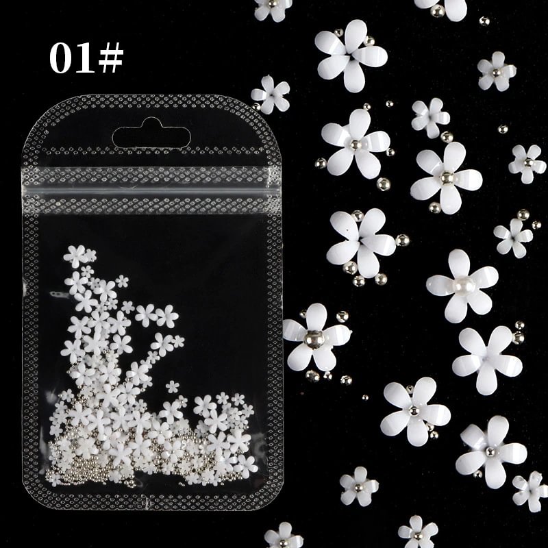 Agreedl White Acrylic Flower Nail Art Decoration Mixed Size Rhinestones Gold Silver Gem Manicure Tool Accessories DIY Nails Design
