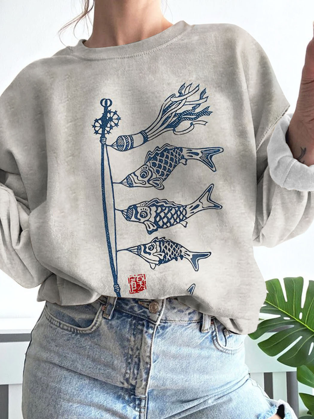 Women's Carp Streamer Koinobori Japanese Lino Art Sweatshirt