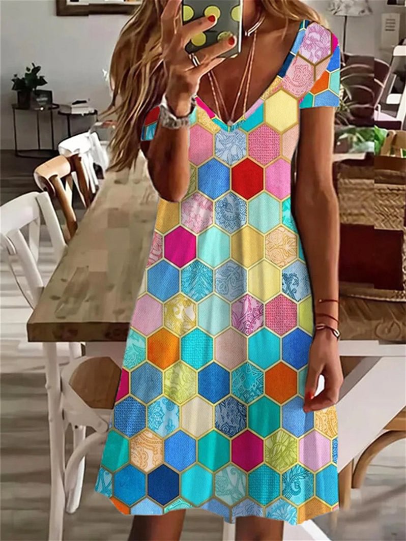 Women Short Sleeve V-neck Graphic Midi Dress